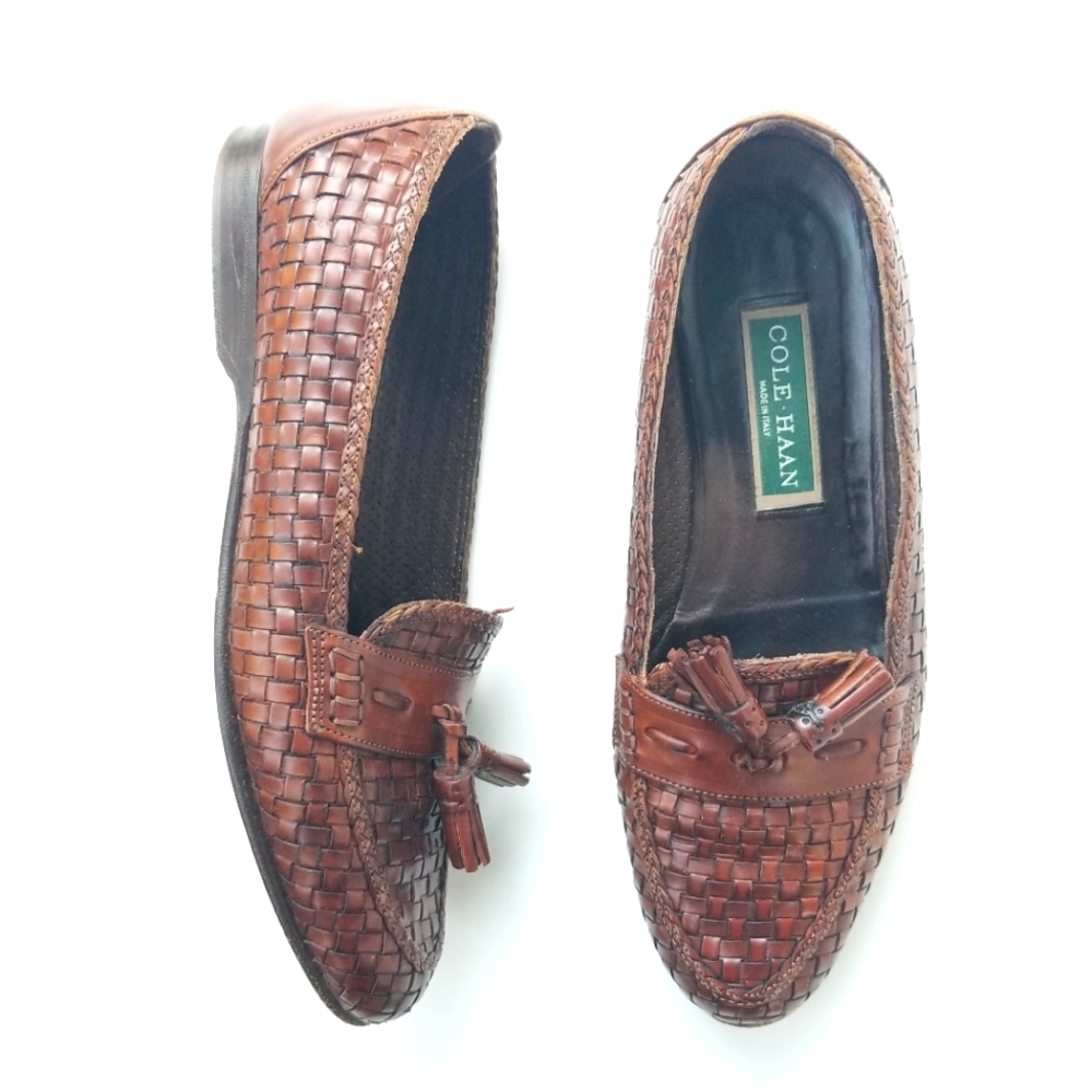 Cole Haan Basket Weave Woven Kiltie Tassel Leather Flat Loafers Brown Italy 8 B - Picture 2 of 15